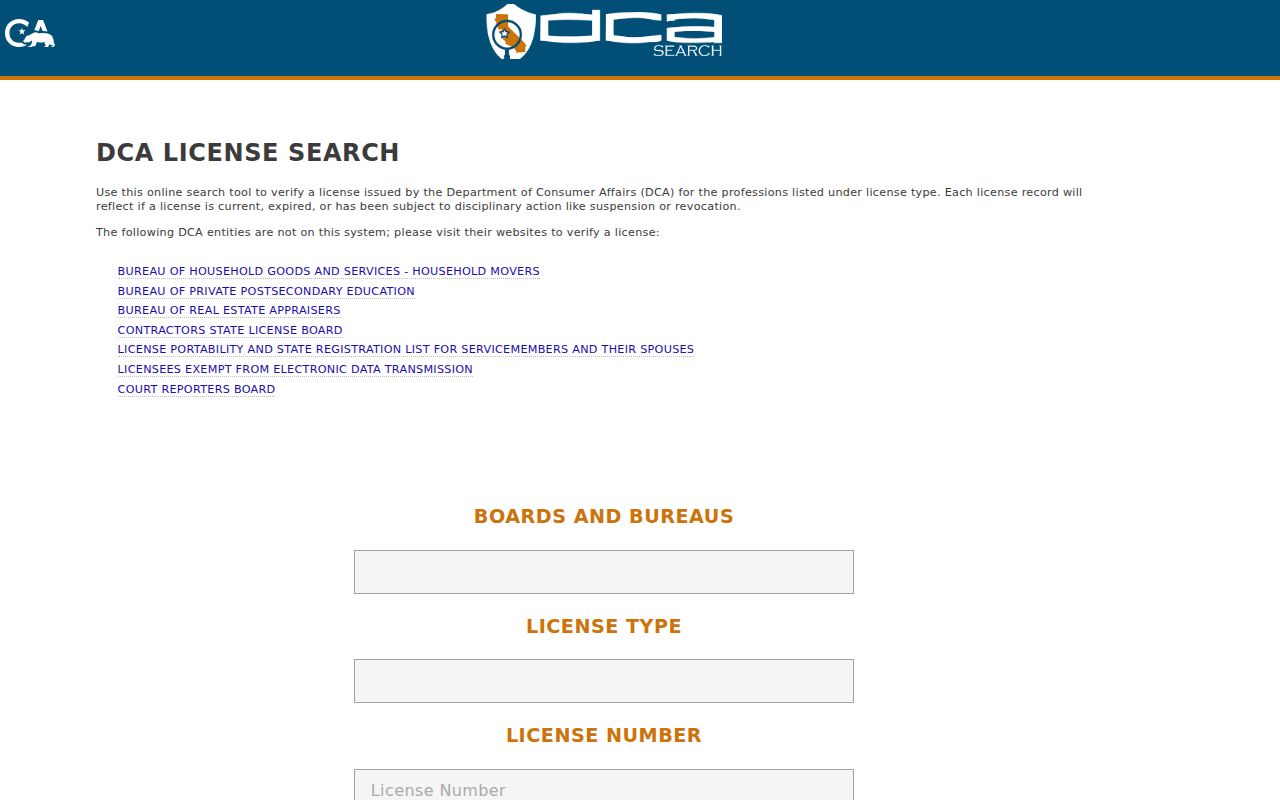 Eureka people search California DCA license search fields