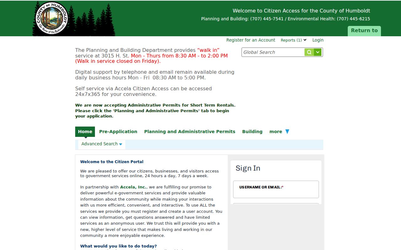 Eureka people search Humboldt Accela citizen access for permits and cases
