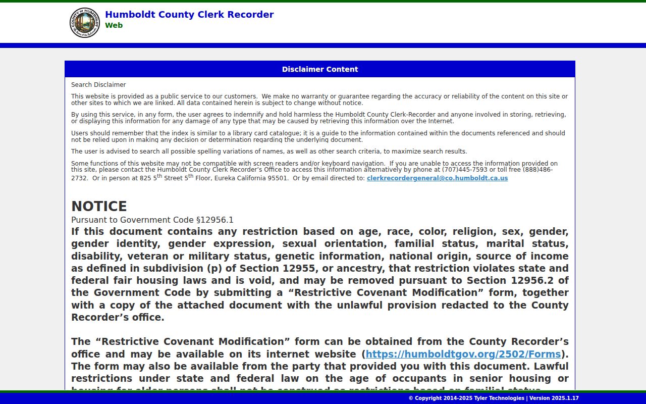 Eureka people search Humboldt County recorder self-service disclaimer