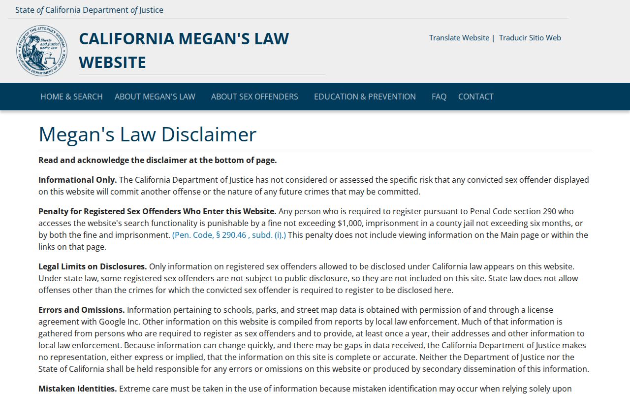 California Megan's Law registry search and disclaimer page