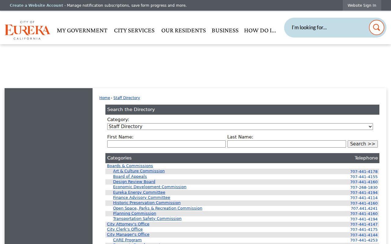 City of Eureka staff directory search page with category, first name, and last name fields