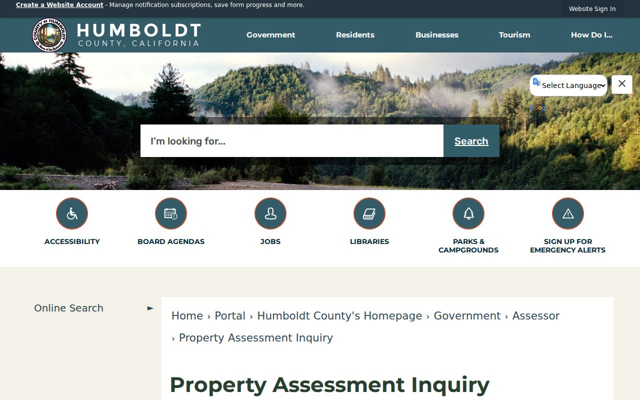 Humboldt County Property Assessment Inquiry showing parcel and street address search directions for Eureka records