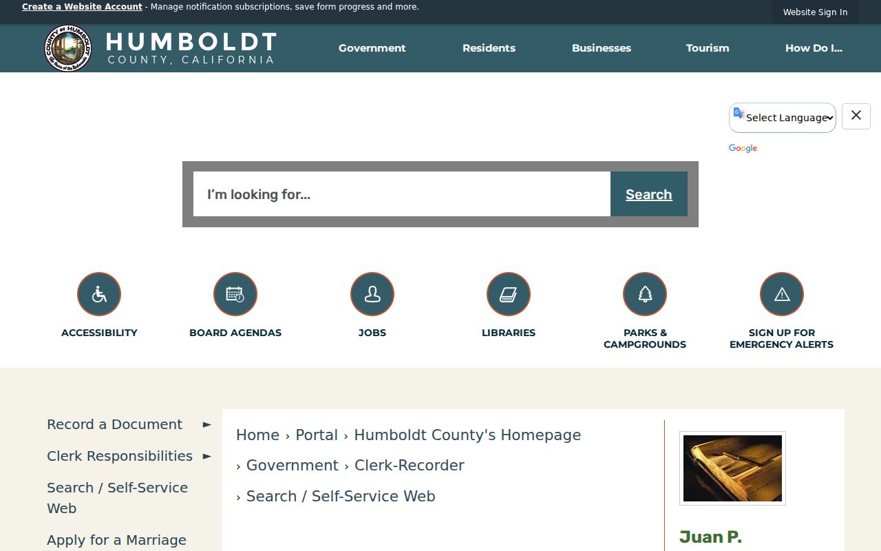 Humboldt County Self-Service Web instructions for Eureka recorded document searches
