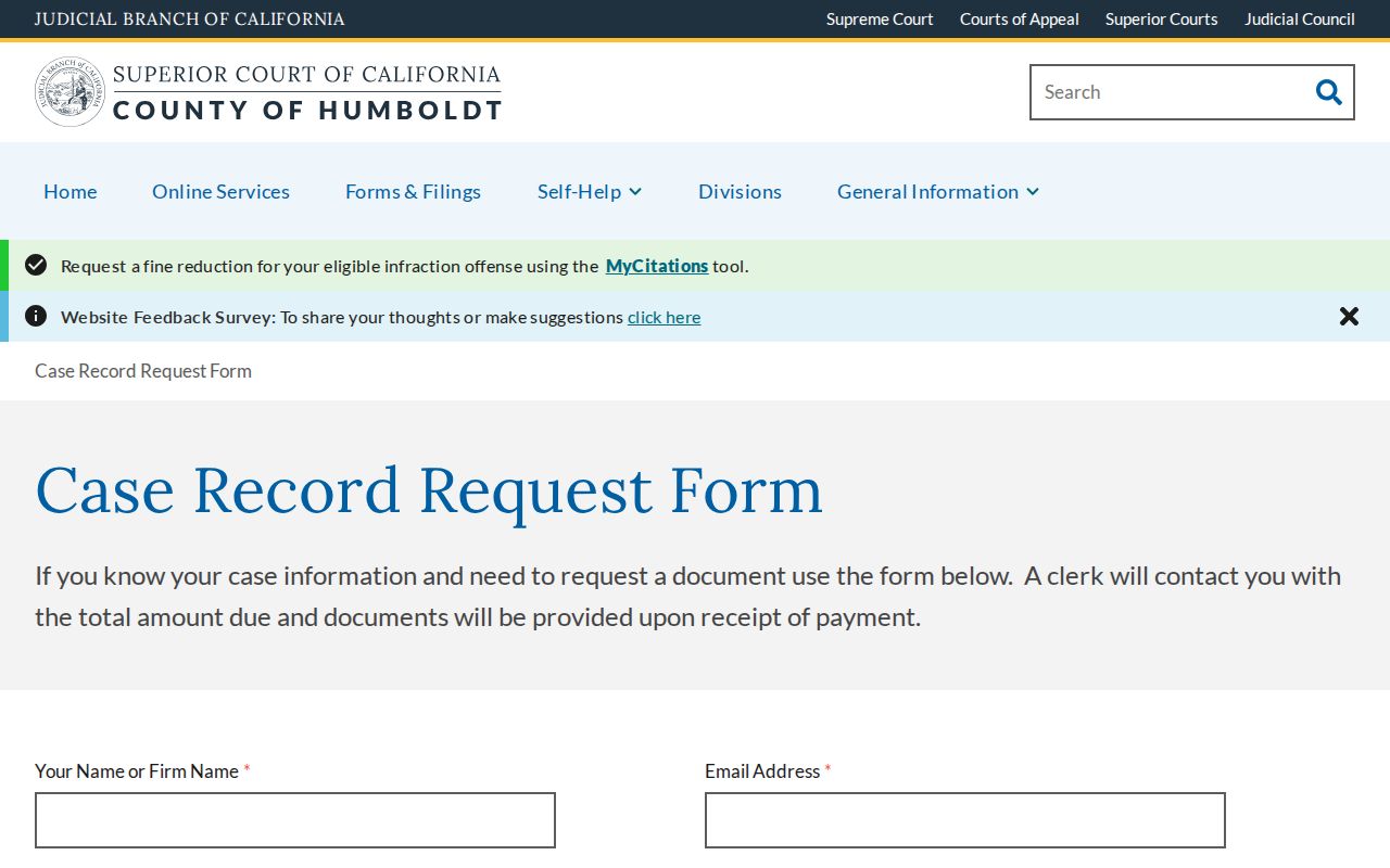 Humboldt Superior Court case record request form for Eureka court public records