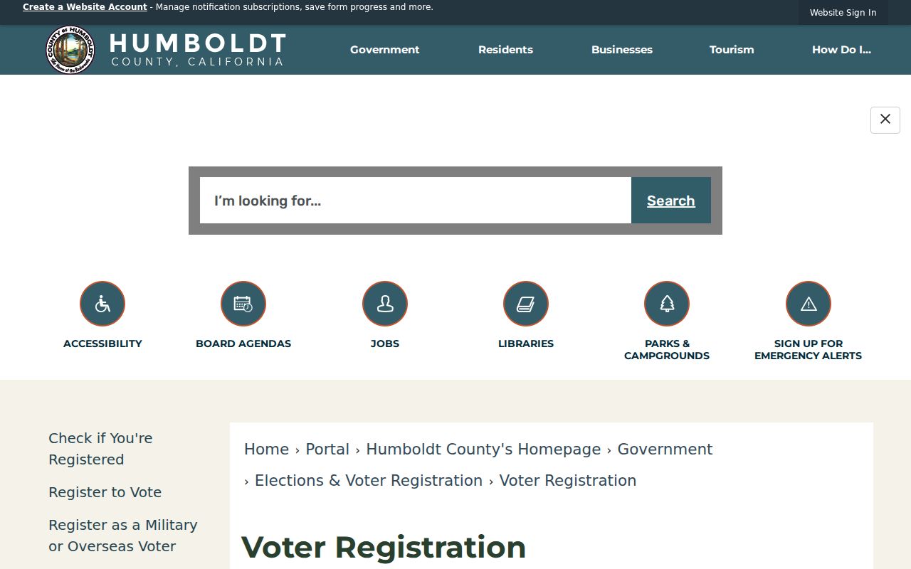 Humboldt County voter registration page for Eureka residents